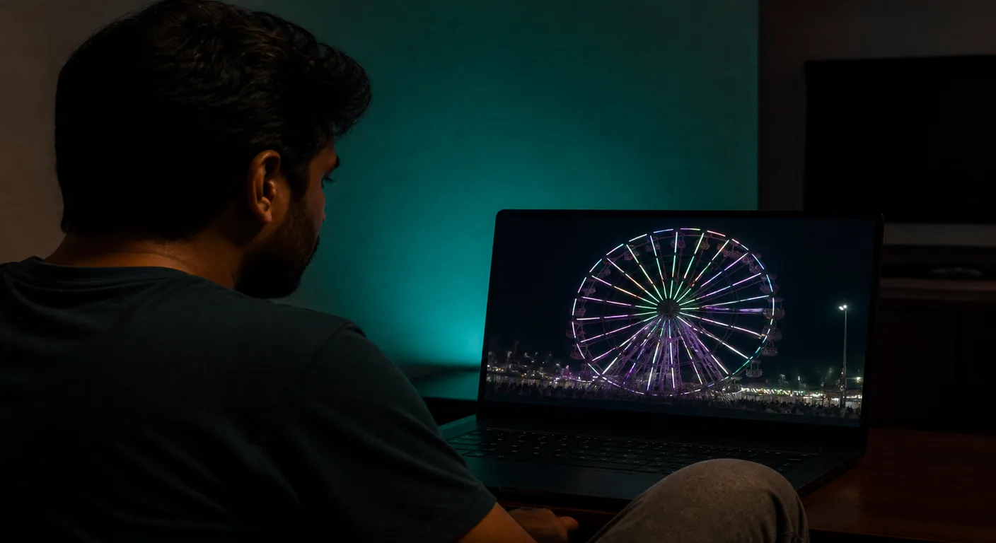 Adult watching a live disco wheel on a laptop in a dark room with teal light