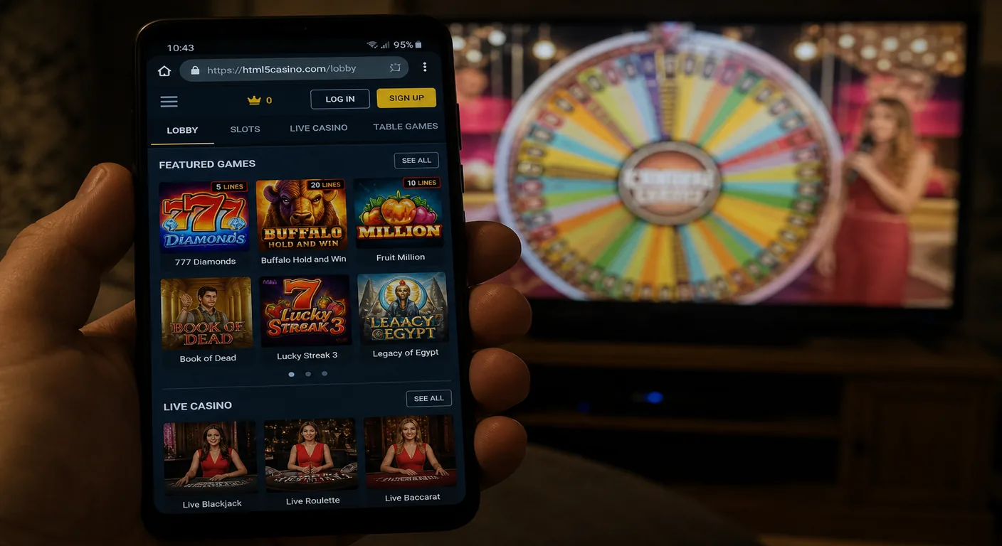 Phone showing a browser casino lobby