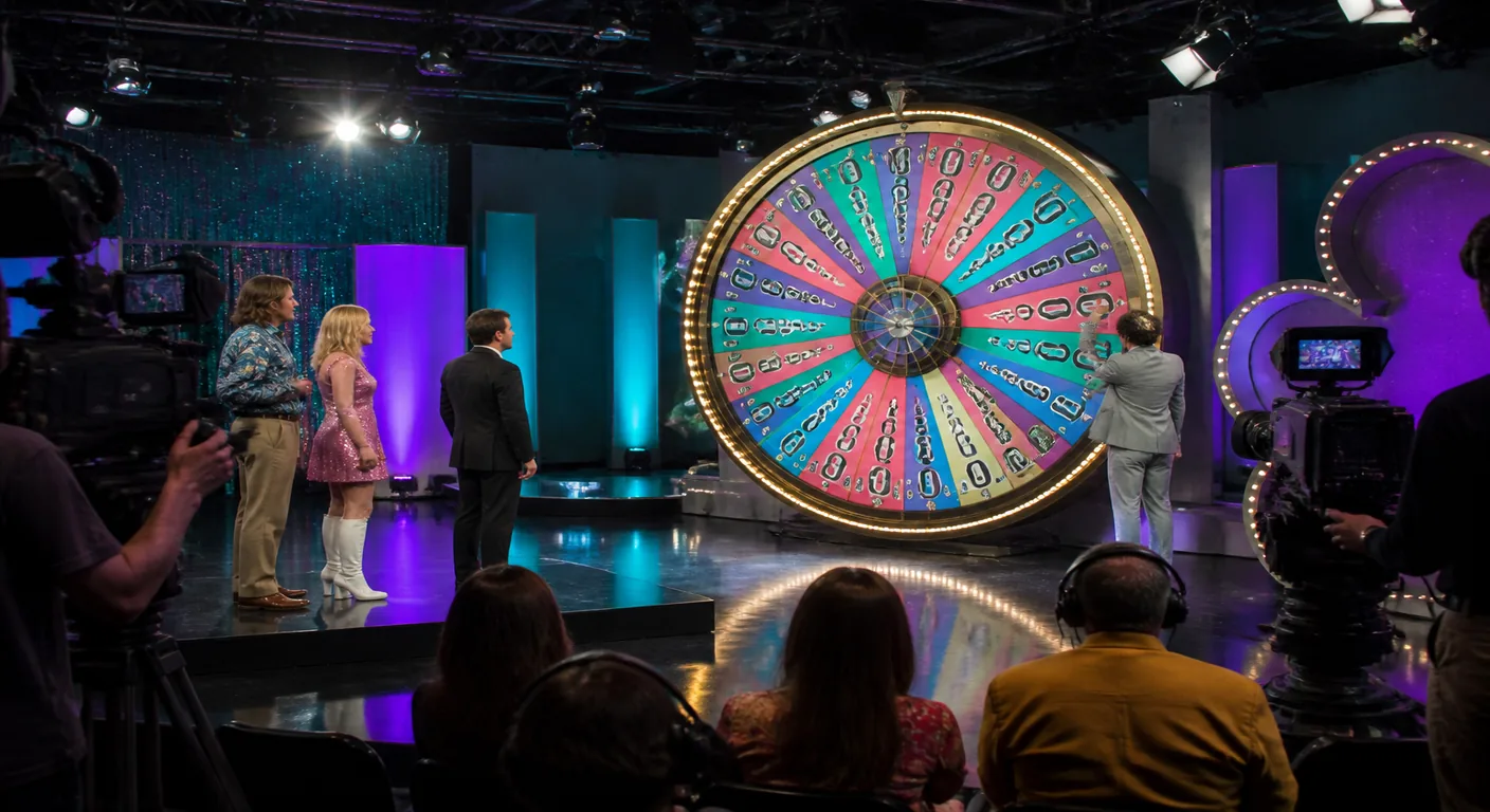 TV studio cameras filming a giant carnival wheel under purple and teal lights