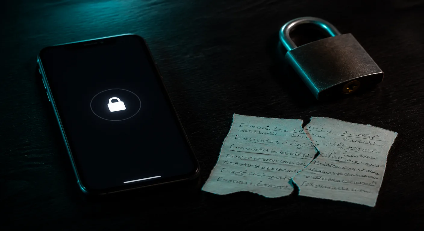 Locked phone and torn cheat sheet